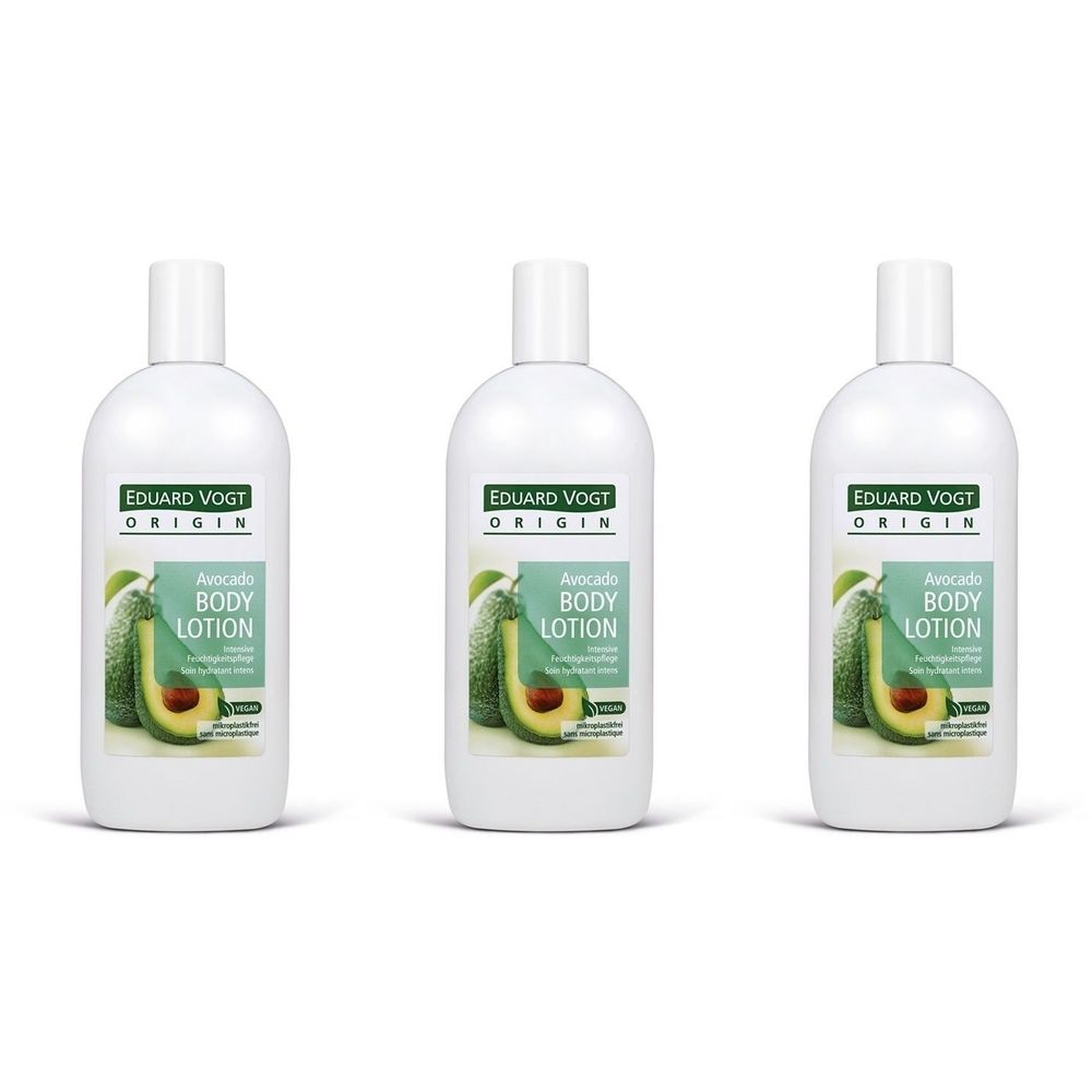 Drei weiße Flaschen mit Avocado-Körperlotion. Auf jeder Flasche steht "EDUARD VOGT ORIGIN Avocado BODY LOTION".