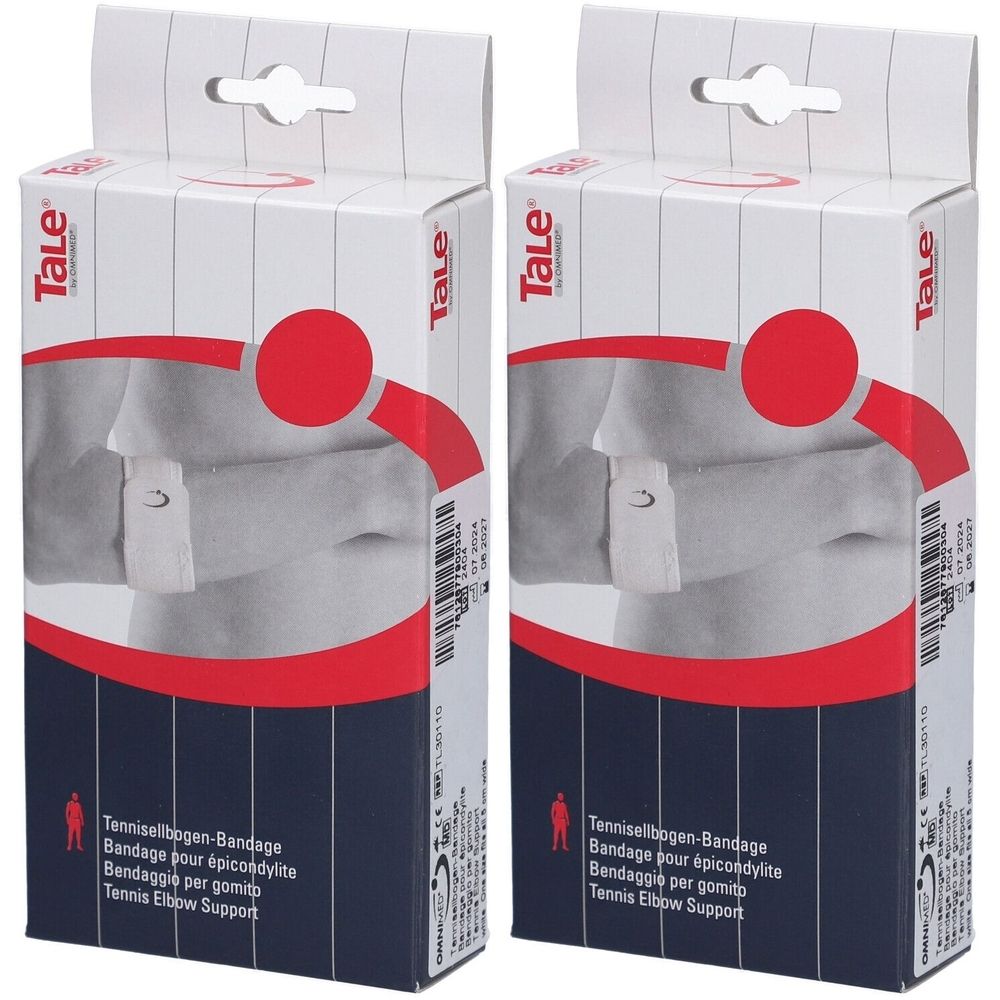Deux emballages de bandage pour le coude du tennis. Produit blanc dans une boîte blanche avec un accent rouge. Marque Tale.