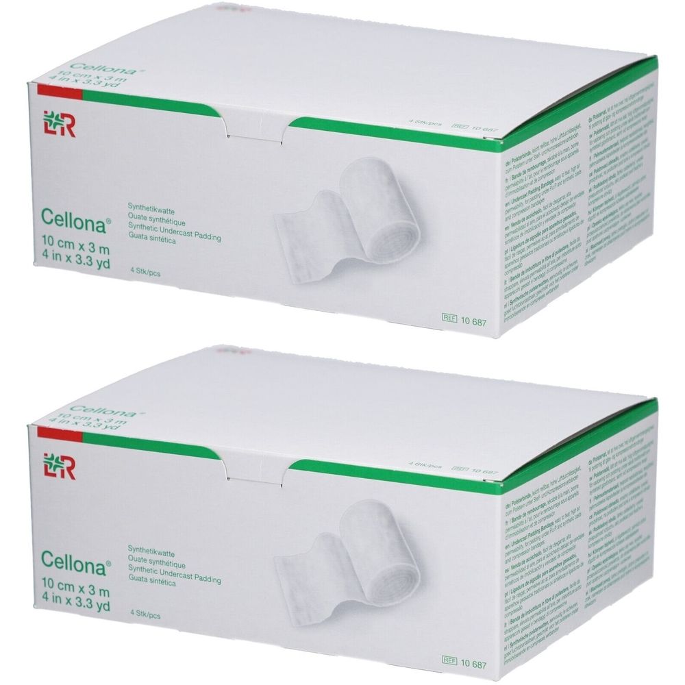 Deux boîtes blanches avec des accents verts. Inscription : Cellona, 10 cm x 3 m. Montre de la ouate synthétique.