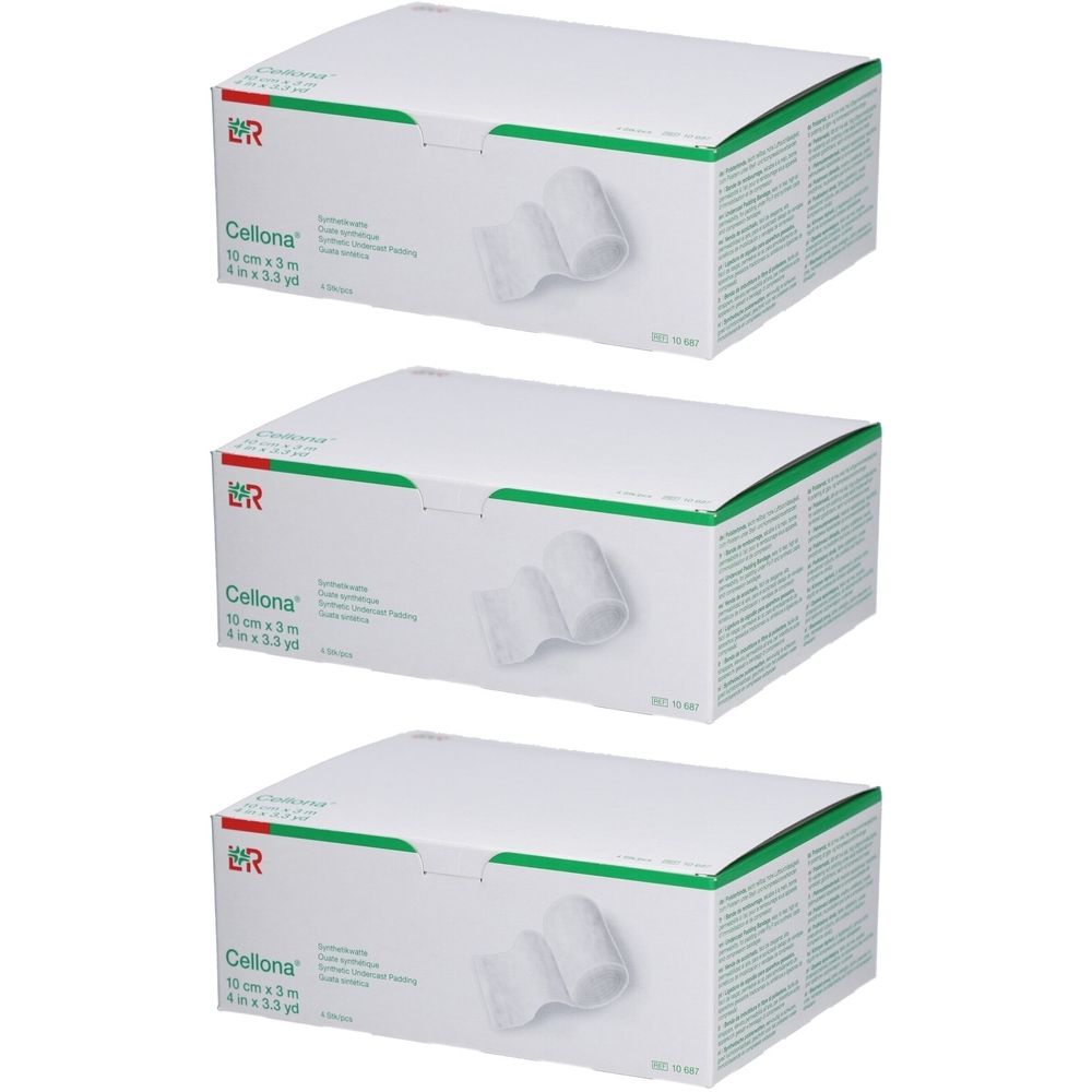 Trois boîtes blanches avec des accents verts. Le logo "L&R" et le nom du produit "Cellona" sont visibles sur chaque boîte.