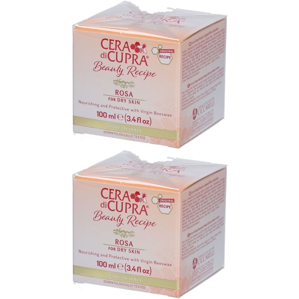 Zwei quadratische Kartons mit Produktinformationen. Aufschrift: CERA di CUPRA Beauty Recipe ROSA für trockene Haut. 100 ml.