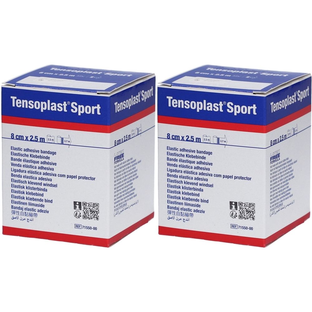 Zwei quadratische Kartons. Aufschrift: Tensoplast Sport, 8 cm x 2,5 m. Elastische Klebebinde. Blau, rot und weißes Design.