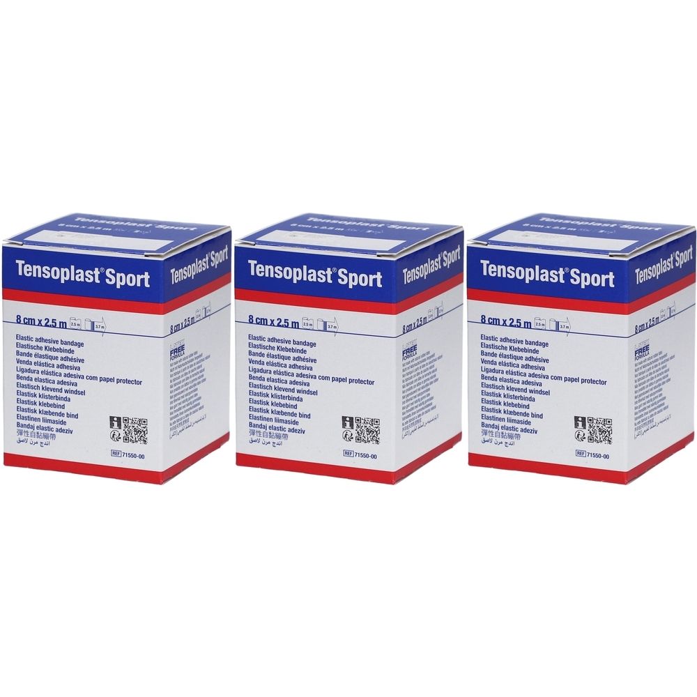 Drei quadratische Kartons. Aufschrift: TENSOPLAST Sport, 8 cm x 2,5 m. Blau-weiß-rote Verpackung. Text in mehreren Sprachen.