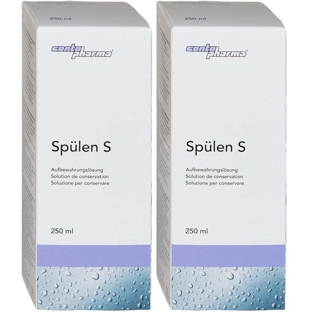 Zwei weiße Kartons mit Produktnamen "Spülen S" und Logo "contopharma". Aufschrift: Aufbewahrungslösung, 250 ml.
