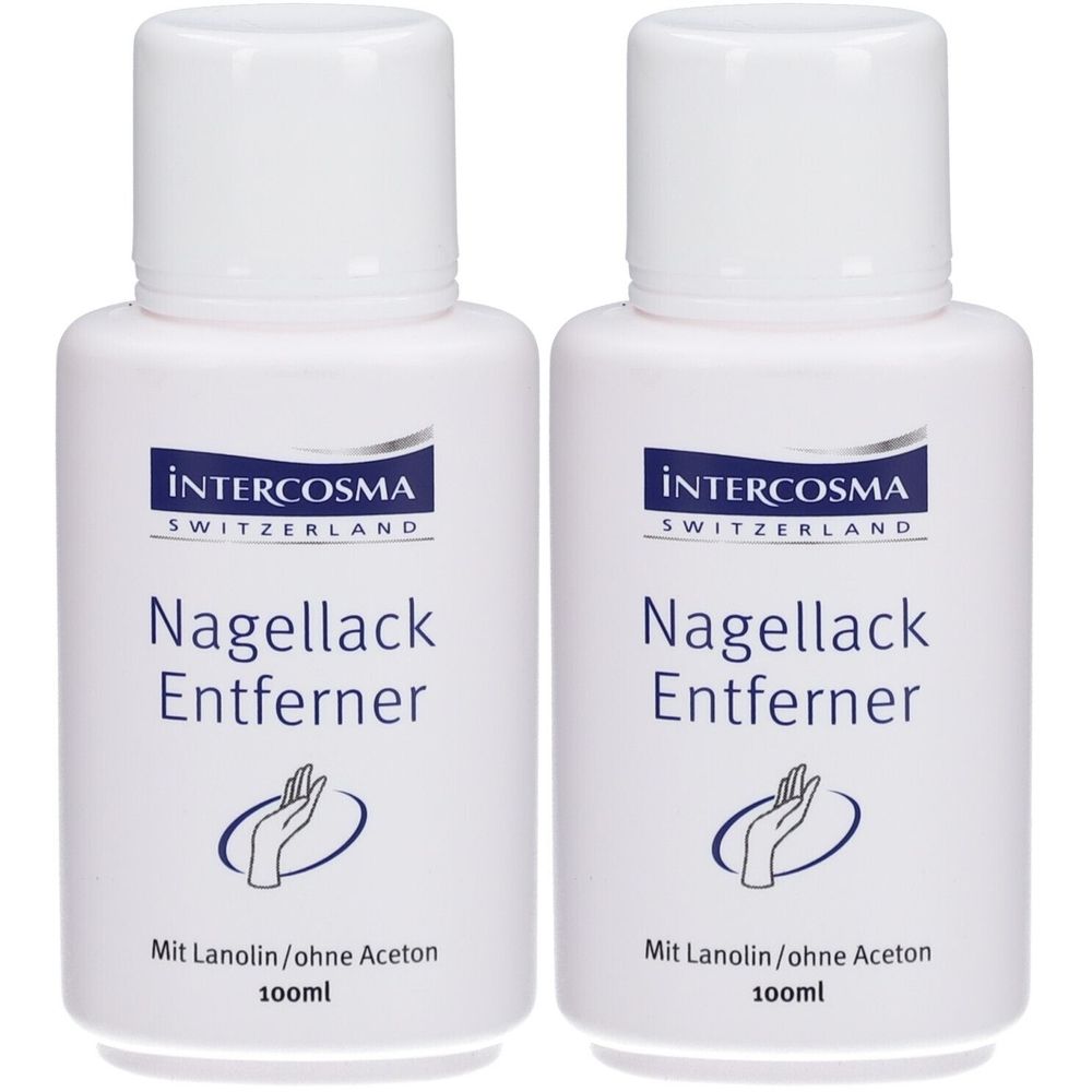 Zwei weiße Flaschen Nagellackentferner. Aufschrift: Intercosma, Nagellack Entferner, Mit Lanolin/ohne Aceton.