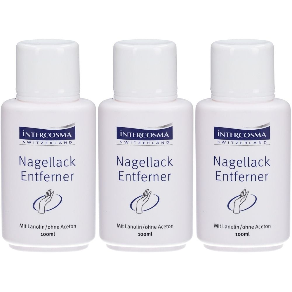 Drei Flaschen Nagellackentferner. Weiße Flaschen mit blauem Etikett. Aufschrift: Intercosma, Nagellack Entferner, Mit Lanolin/ohne Aceton.