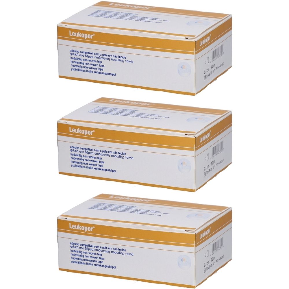 Trois boîtes de Leukopor. Blanc avec bande marron. Inscription Leukopor. Texte multilingue. Impression avec numéro d'article.