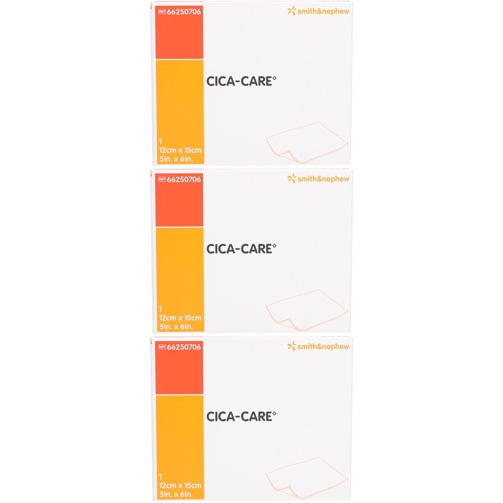 Drei quadratische Verpackungen mit CICA-CARE-Schriftzug. Oben links orangefarbener Streifen, darunter gelb. Größe: 12cm x 15cm.