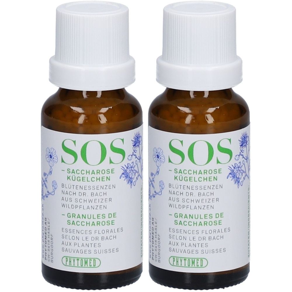 Zwei braune Glasflaschen mit weißen Deckeln. Auf den Etiketten steht "SOS Saccharose Kügelchen" und "PHYTOMED".