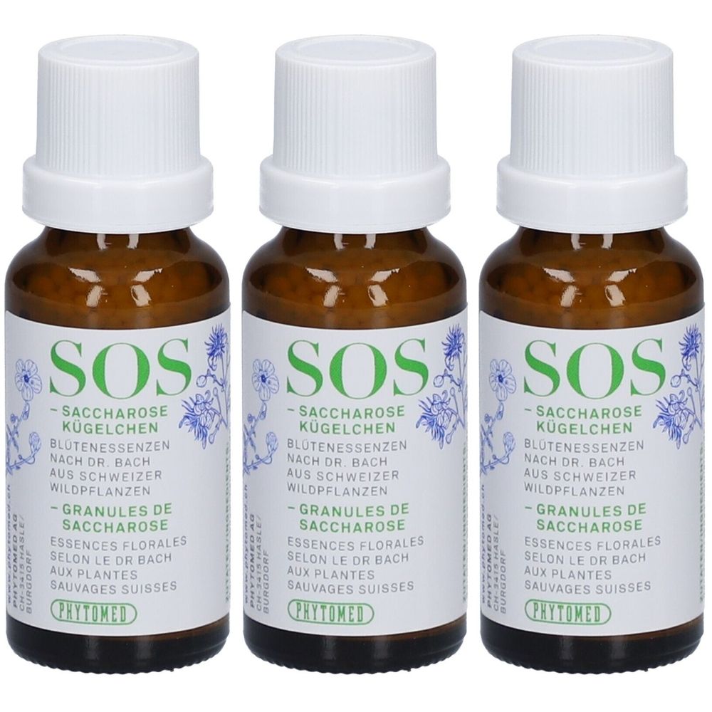 Drei braune Glasflaschen mit weißen Deckeln. Etiketten mit grüner Schrift: SOS Saccharose Kügelchen, Blütenessenzen. Marke: PHYTOMED.