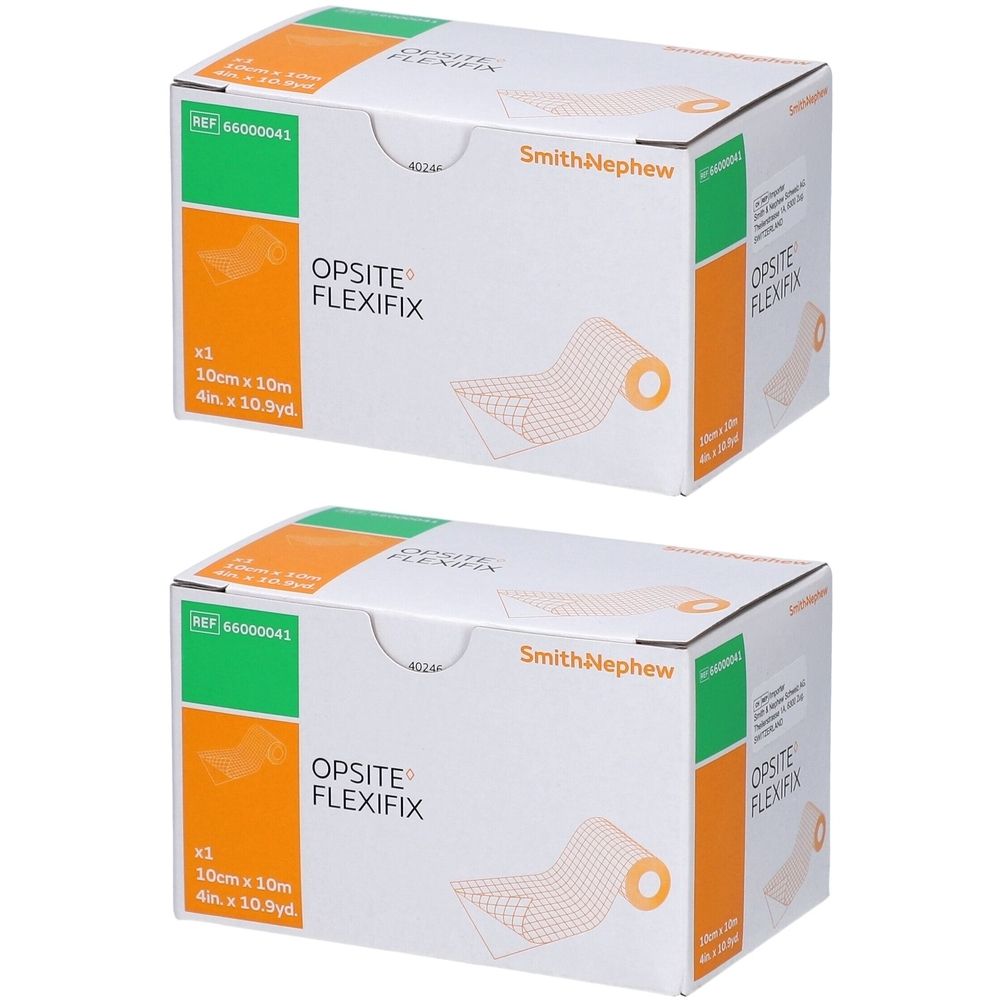 Zwei Kartons OPSITE FLEXIFIX. Aufdruck: Smith+Nephew, 10cm x 10m. Orange und grüne Akzente. Produktabbildung.