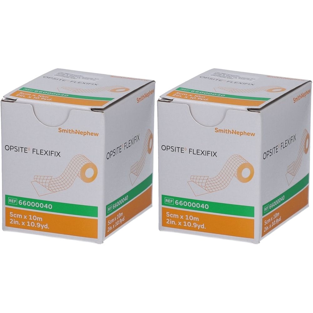 Zwei Kartons Opsite Flexifix. Aufdruck: Smith & Nephew, OPSITE FLEXIFIX, 5cm x 10m. Referenznummer 66000040.