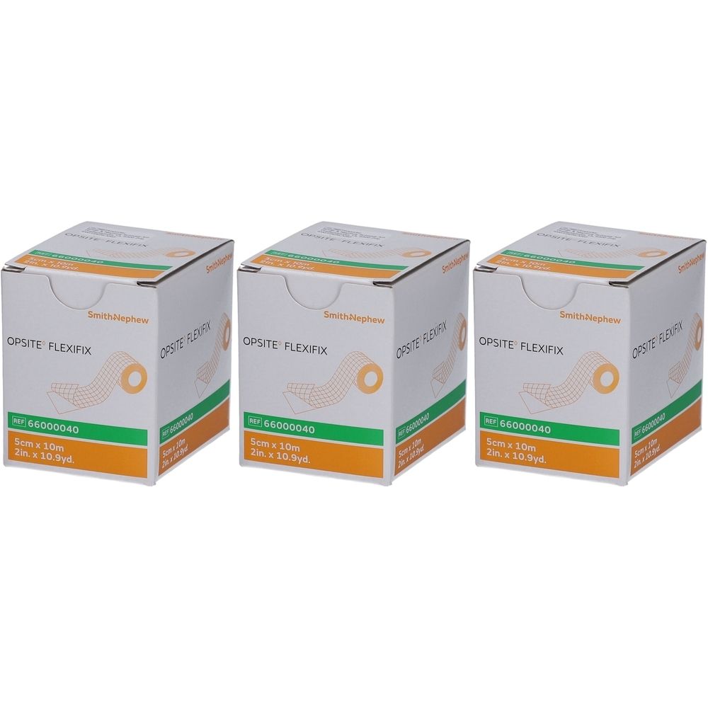 Drei Kartons Opsite Flexifix. Aufdruck: 5 cm x 10 m. Marke Smith & Nephew. Beige und weiß. Aufdruck mit Produktinformationen.