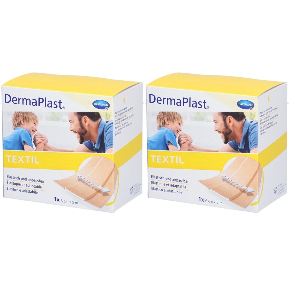 Zwei Kartons Dermaplast Textil Pflaster. Gelbe Verpackung mit Produktabbildung und Logo. Größe: 6 cm x 5 m.