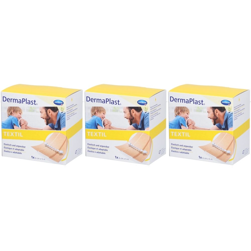 Drei Kartons Dermaplast® Textil Pflaster. Gelbe und weiße Verpackung mit Produktabbildung. Textil-Schriftzug.