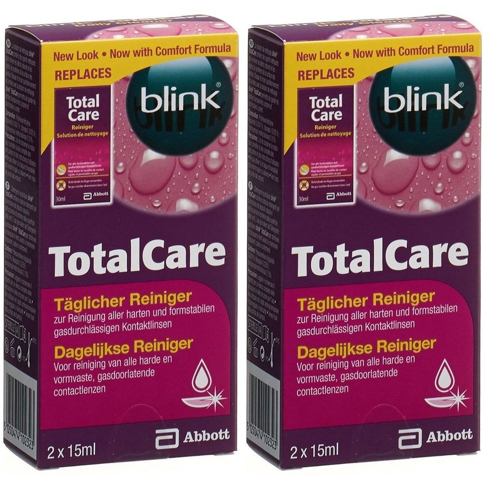 Zwei Packungen blink TotalCare. Lila Verpackung mit Produktnamen und Text in Deutsch und Niederländisch. Abbott Logo.