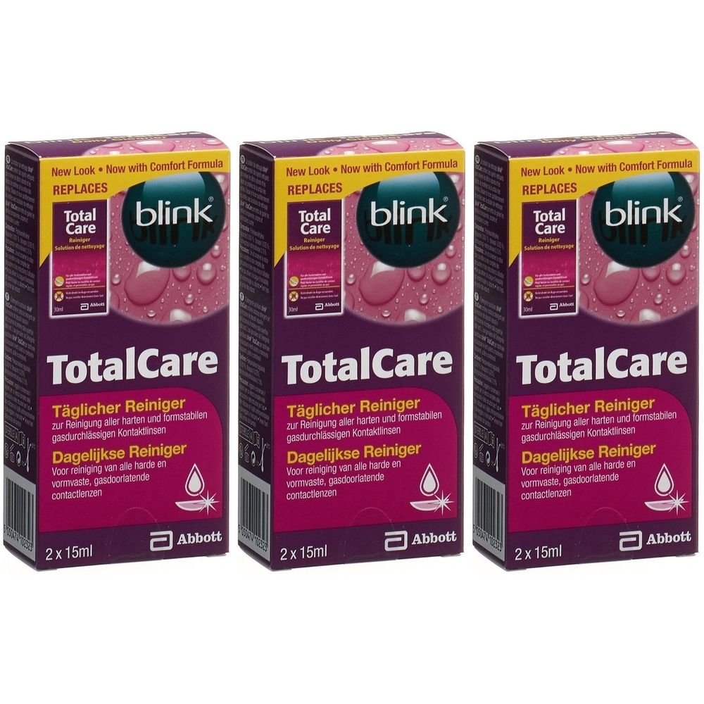 Drei Packungen TotalCare. Aufschrift: Täglicher Reiniger, 2 x 15ml. Marke: blink. Verpackung mit lila und rosa Elementen.