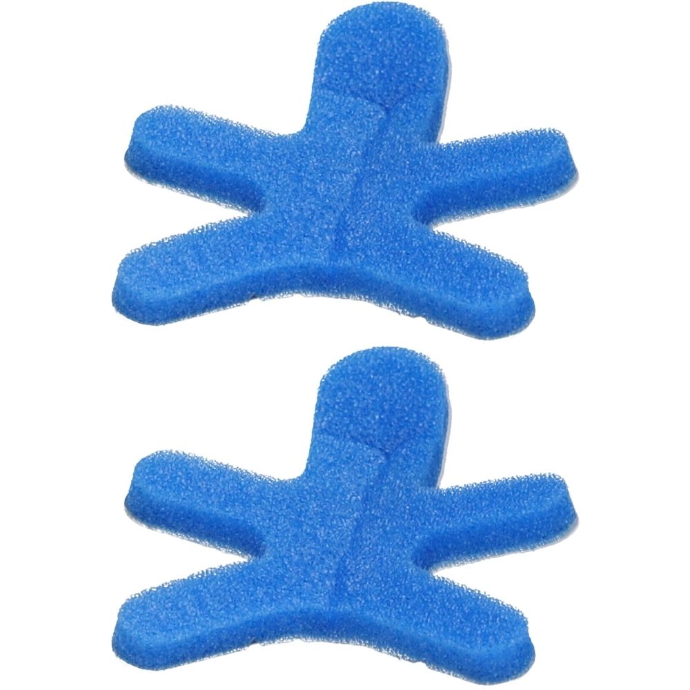 Zwei blaue, sternförmige Fingerorthesen aus Schaumstoff. Die Orthesen haben eine zentrale Aussparung und vier Ausläufer.