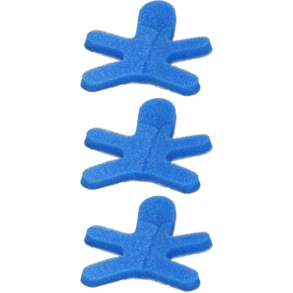 Drei blaue, sternförmige Fingerorthesen aus Schaumstoff. Jede Orthese hat fünf Aussparungen.