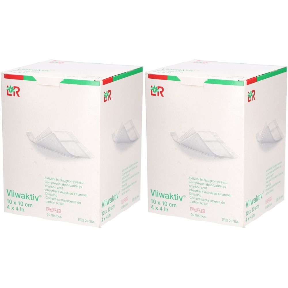 Zwei weiße Kartons mit grün-roter Verzierung. Aufdruck: Vliwaktiv 10 x 10 cm. Gezeigt wird ein Verband. ER-Logo.
