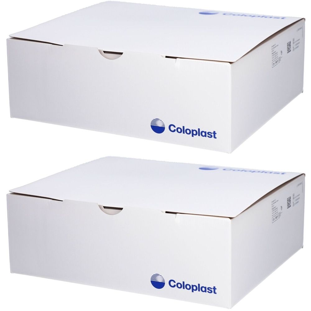 Zwei weiße Kartons mit Coloplast-Logo. Die Kartons sind rechteckig und haben eine Klappe.