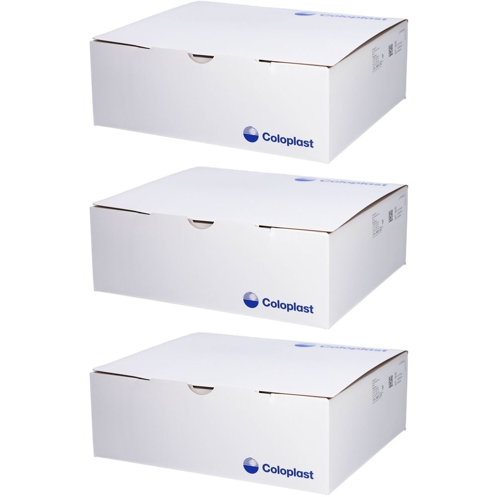 Drei weiße Kartons mit Coloplast-Logo. Die Kartons sind rechteckig und haben einen Deckel mit einer Aussparung.