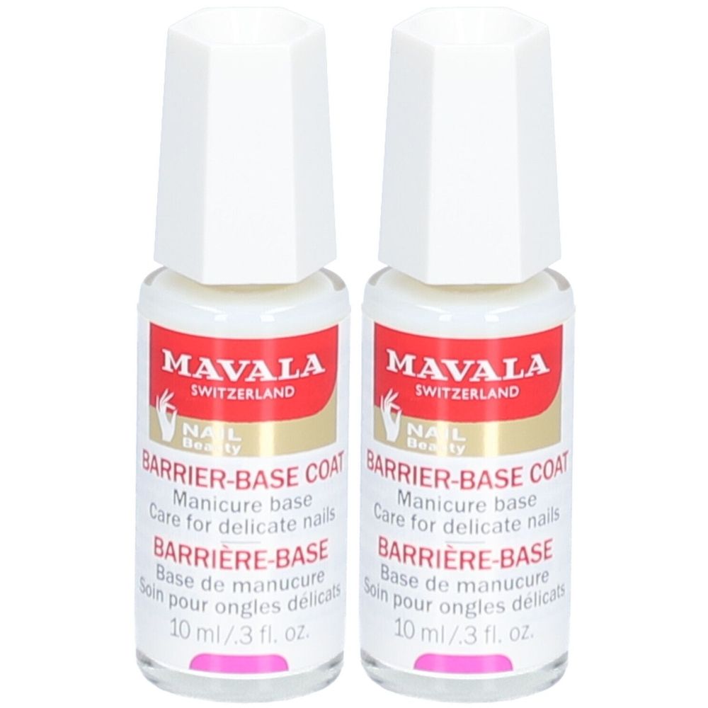 Zwei Flaschen Nagellack. Weißer Deckel, rotes Etikett mit weißer Schrift. Aufschrift: MAVALA, BARRIER-BASE COAT, 10 ml/ .3 fl. oz.