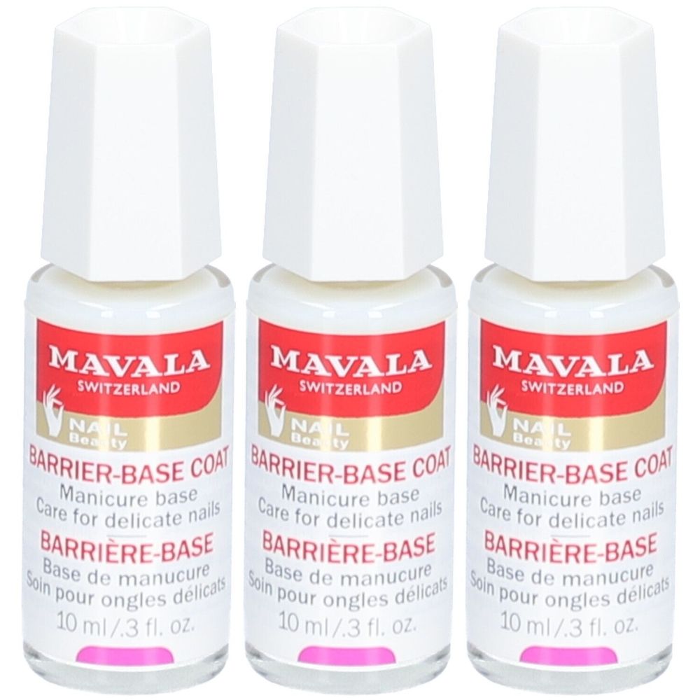 Drei Flaschen Nagellack. Weißer Deckel, rotes Etikett mit weißer Schrift: MAVALA, BARRIER-BASE COAT, 10 ml / .3 fl. oz.