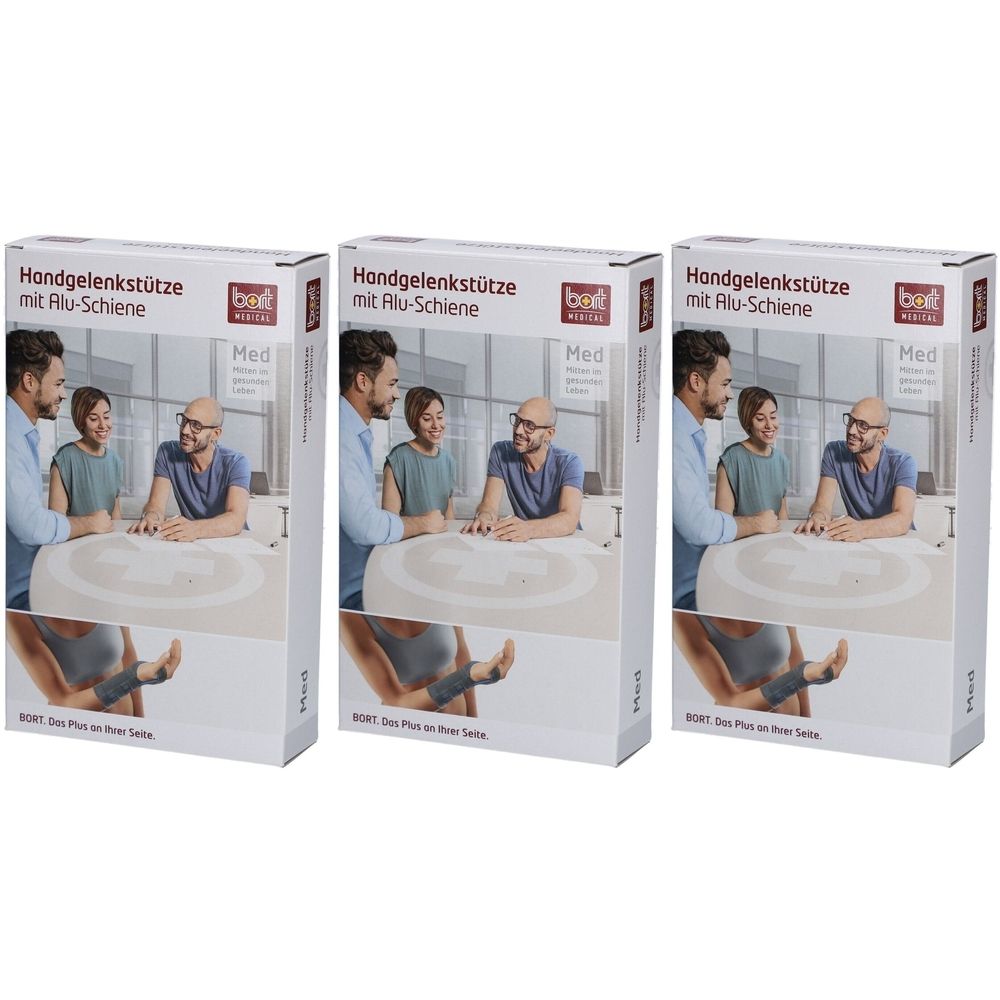 Drei Produktverpackungen. Aufdruck: Handgelenkstütze mit Alu-Schiene. Marke: bort medical. Abbildung: Handgelenkstütze am Handgelenk.