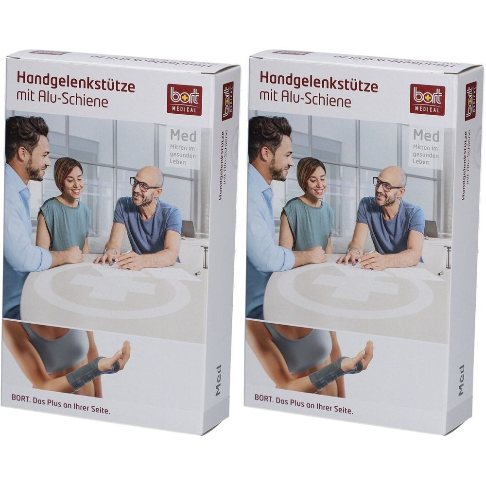 Emballage de support de poignet avec attelle en aluminium. Marque : bort MEDICAL. Impression : Med. Illustration de personnes et du support.