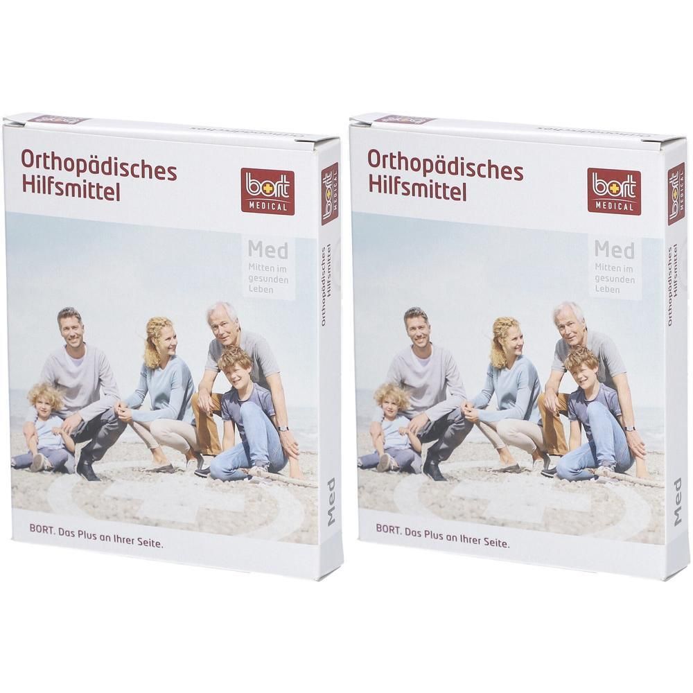 Deux boîtes pour genouillère BORT Taille M avec image d'une famille sur la plage.