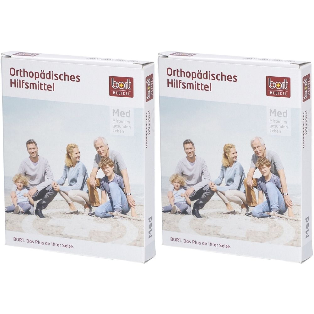 Zwei rechteckige Kartons. Aufschrift: Orthopädisches Hilfsmittel, bort medical, Med. Familienfoto. BORT. Das Plus an Ihrer Seite.