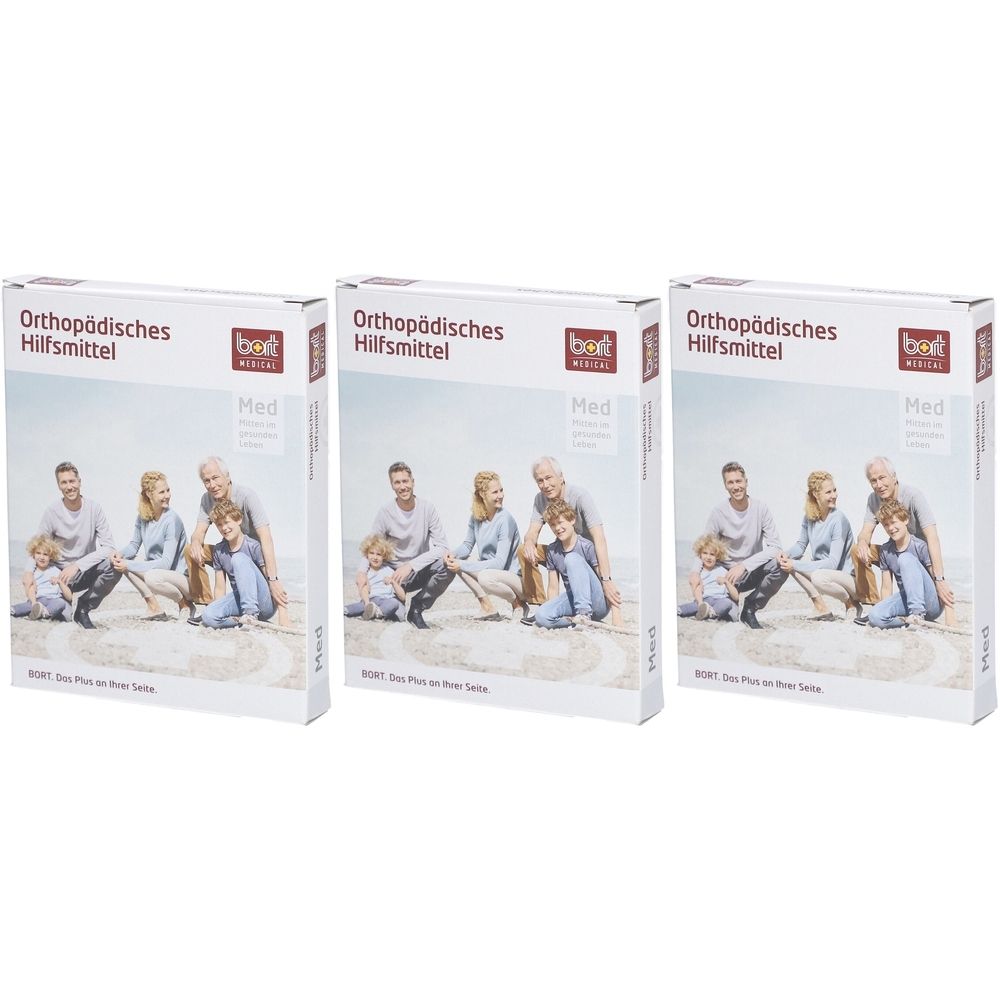 Drei Schachteln mit dem Aufdruck "Orthopädisches Hilfsmittel". Auf jeder Schachtel ist eine Familie abgebildet.