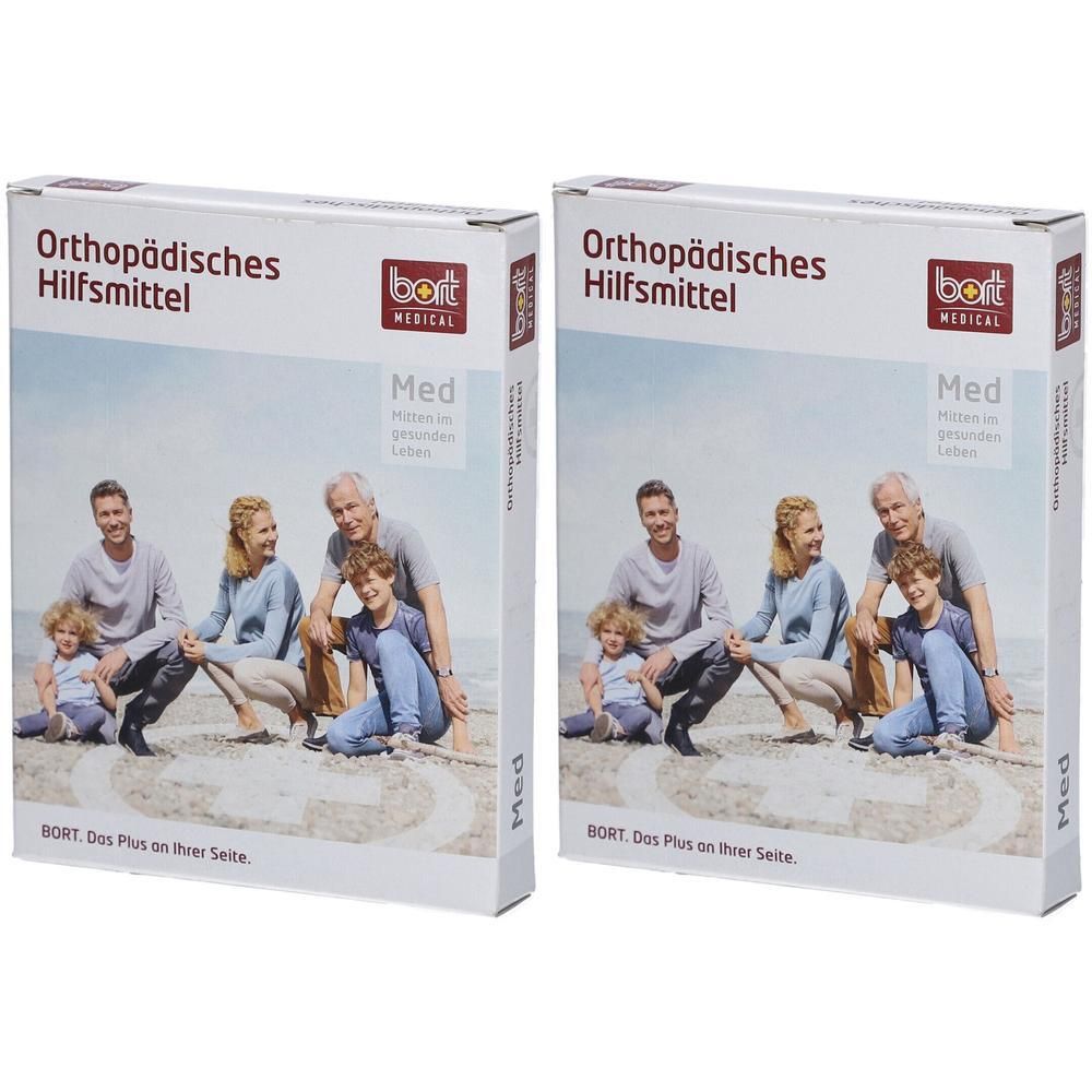 Zwei Packungen 'Orthopädisches Hilfsmittel Med' von Bort Medical mit Familienabbildung.