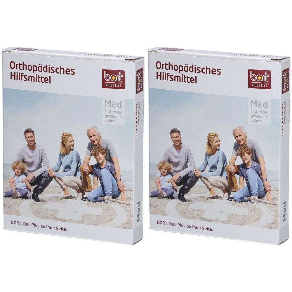 Zwei rechteckige Kartons. Aufschrift: Orthopädisches Hilfsmittel, Marke BORT. Familienfoto. Größe Med.
