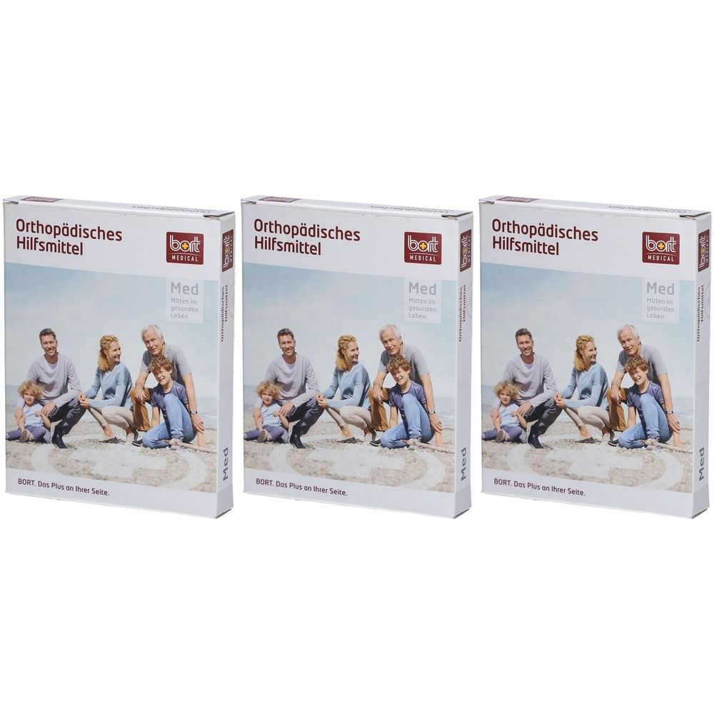 Trois boîtes rectangulaires. Inscription : Orthopädisches Hilfsmittel, BORT medical, Med. Photo de famille sur le devant.