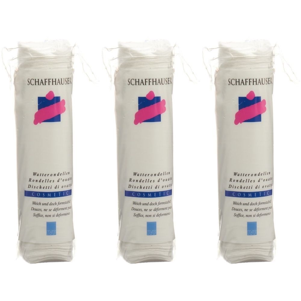 Trois paquets de cotons. Emballage cylindrique blanc avec logo et texte SCHAFFHAUSER. Texte en plusieurs langues.