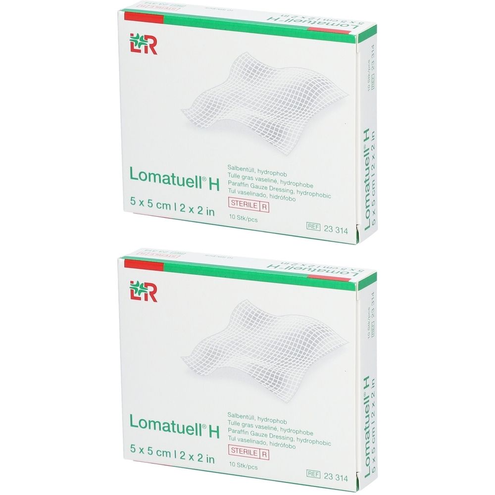 Zwei Packungen Lomatuell H. Aufdruck: 5 x 5 cm, steril. Grün-weiße Verpackung mit Produktnamen und Logo.