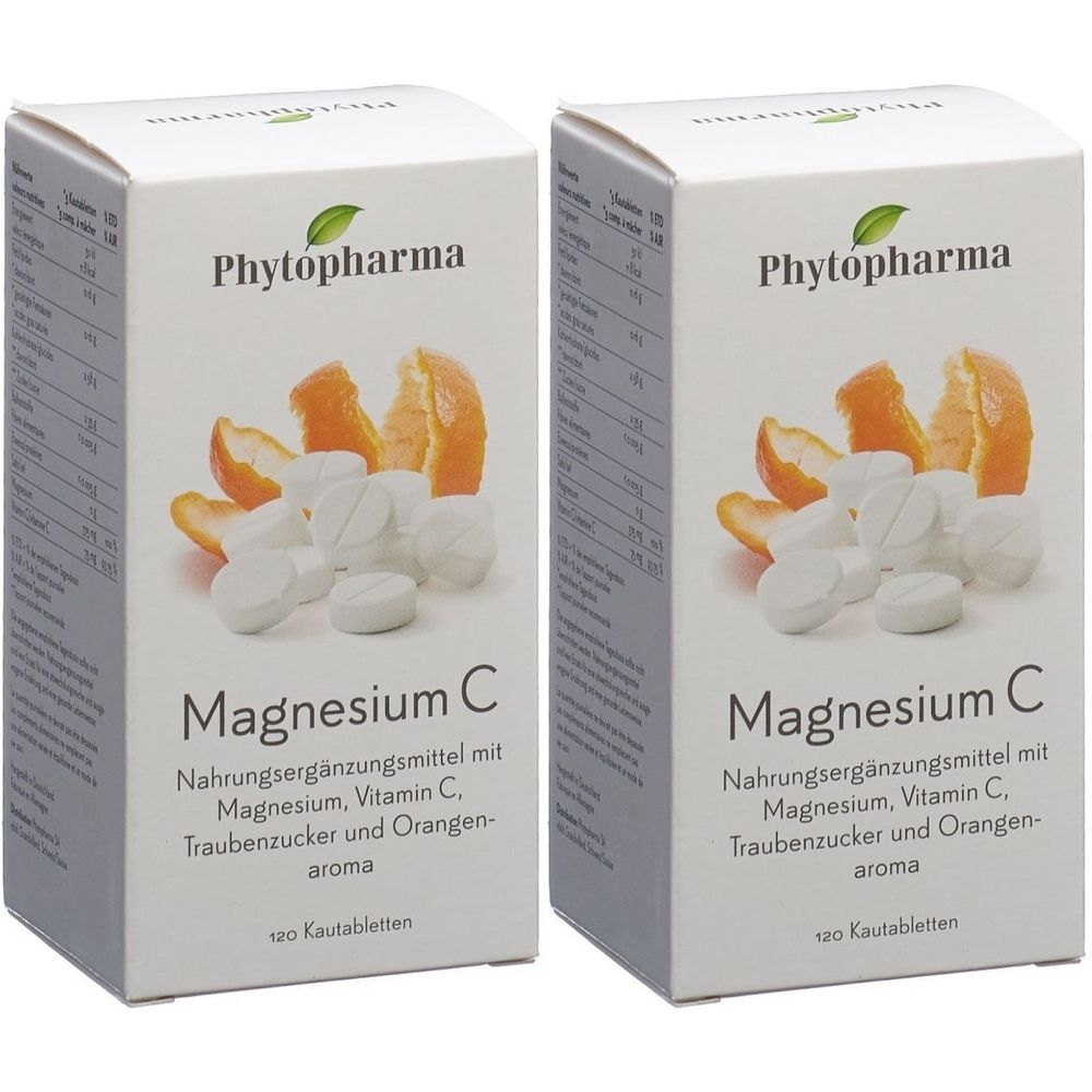 Zwei Kartons mit "Magnesium C" von Phytopharma. Weiße Tabletten und Orangenscheiben auf der Verpackung abgebildet.
