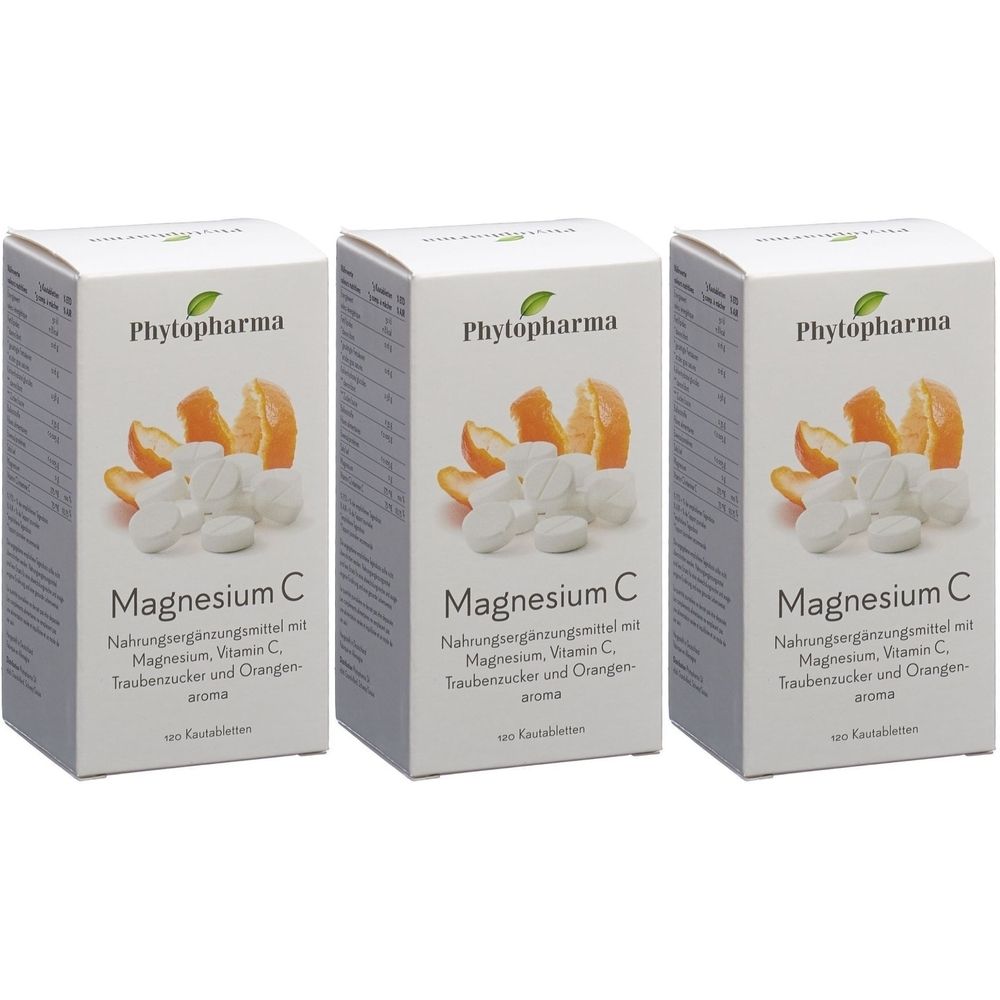 Drei Schachteln mit „Phytopharma Magnesium C“. Auf jeder Schachtel sind Tabletten, Orangenstücke und Produktinformationen abgebildet.