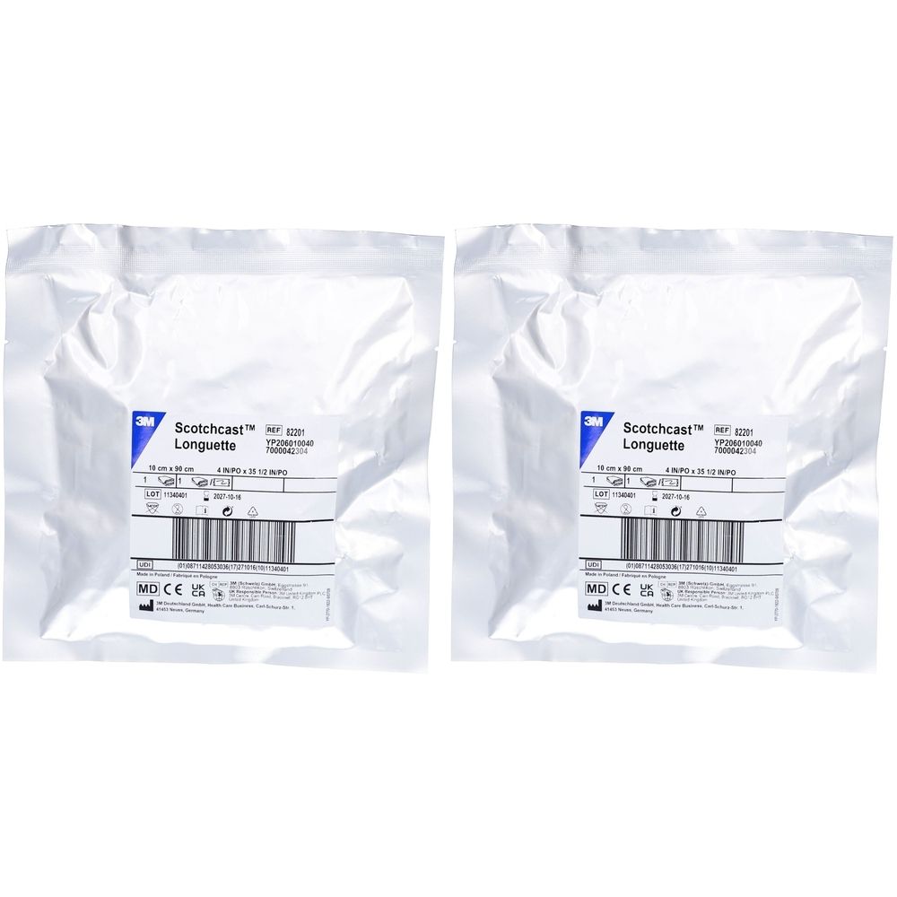 Zwei versiegelte Beutel mit Produktinformationen. Aufschrift: 3M Scotchcast™ Longuette. Enthält Barcode und CE-Kennzeichnung.