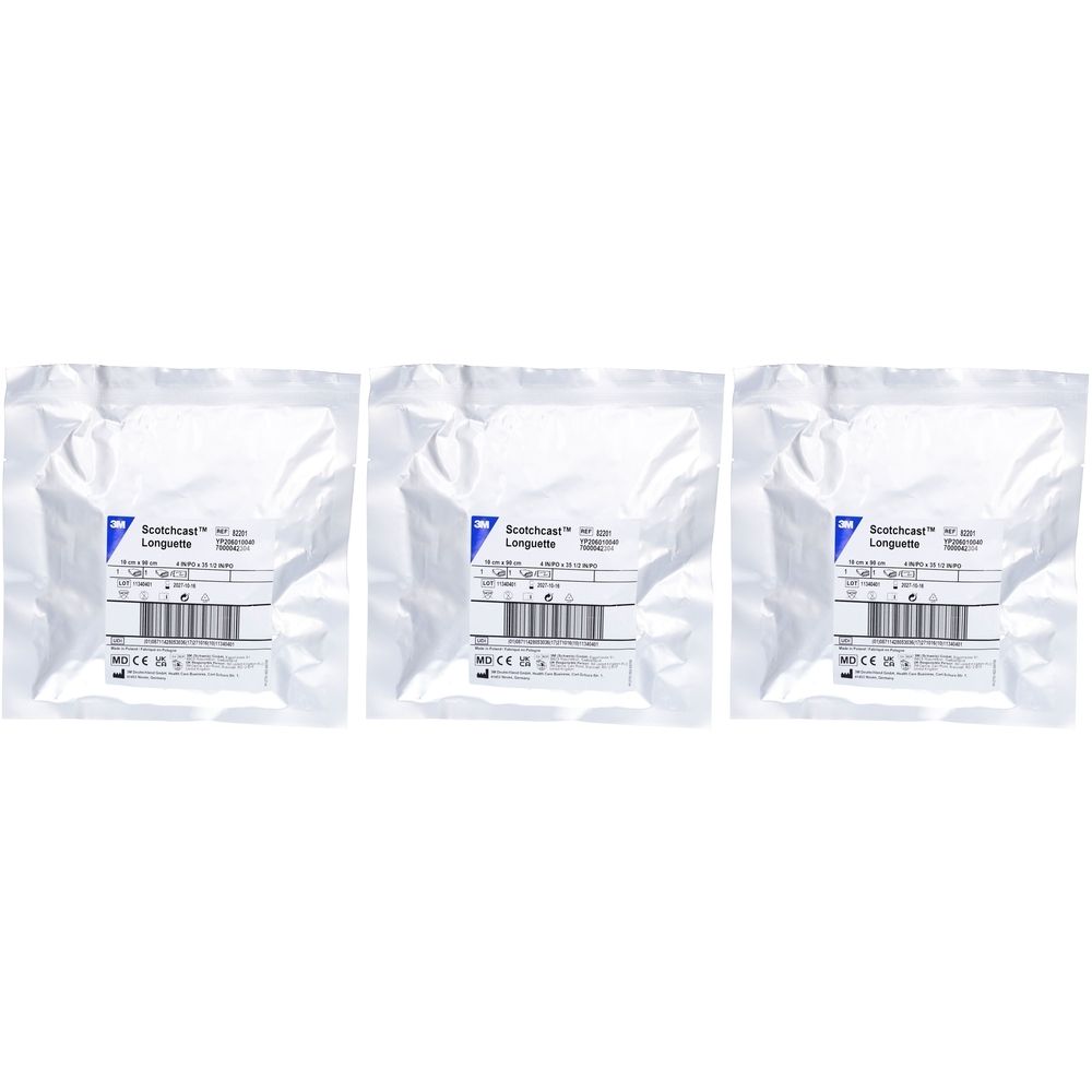 Drei verpackte 3M Scotchcast™ Longuette. Jede Packung hat einen Barcode und Produktinformationen. Die Verpackung ist weiß und versiegelt.