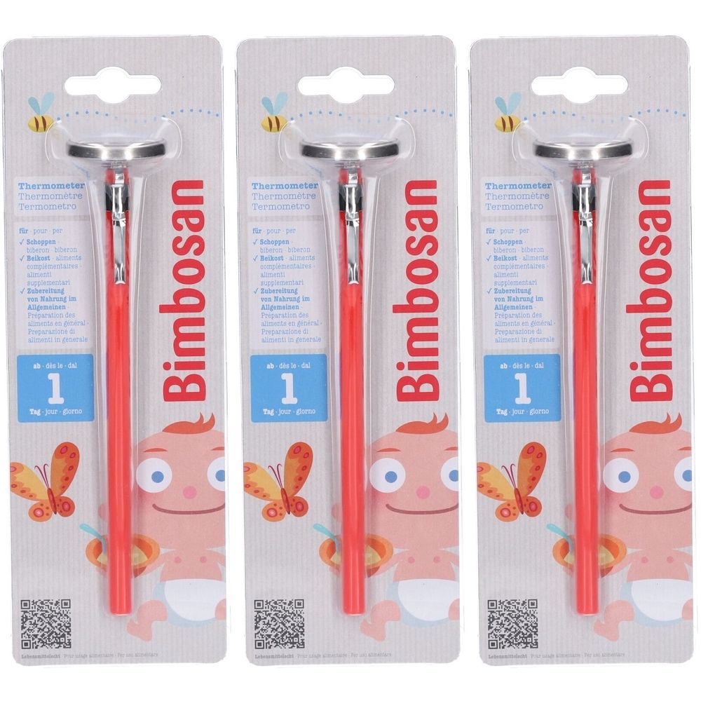 Trois thermomètres analogiques sur blister. Tige rouge, tête argentée. Inscription : Bimbosan, Thermomètre.
