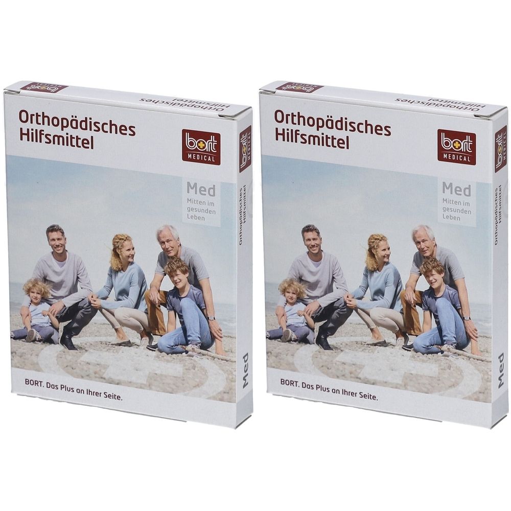 Zwei rechteckige Kartons. Aufschrift: Orthopädisches Hilfsmittel. Logo: bort medical. Abbildung einer Familie. Text: Med.