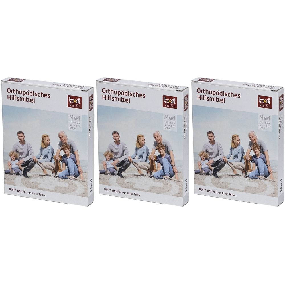 Drei Produktverpackungen. Aufschrift: Orthopädisches Hilfsmittel, bsn medical. Abbildung einer Familie. Med. BORT. Das Plus an Ihrer Seite.