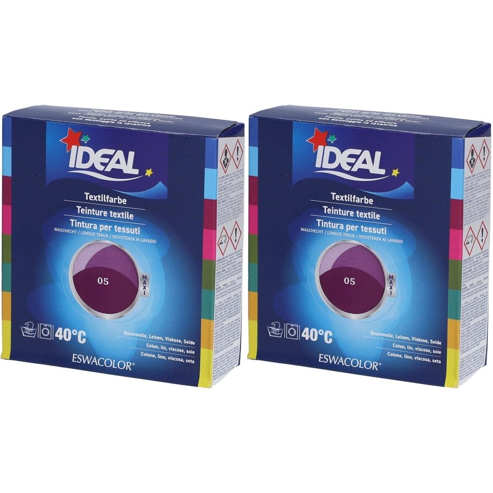 Zwei Packungen Textilfarbe. Aufschrift IDEAL, Textilfarbe, 05 Violett. Waschsymbol 40°C. Marke ESWACOLOR.