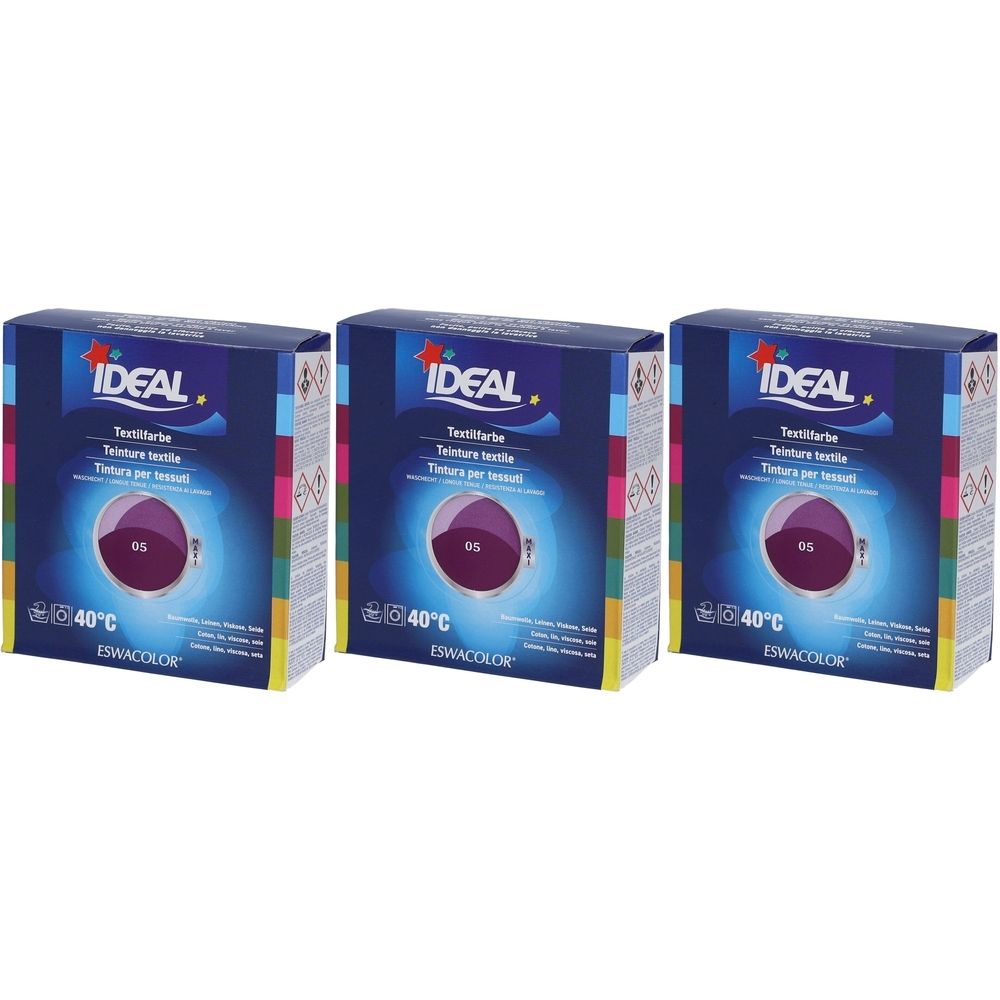 Drei Kartons Textilfarbe. Aufdruck: IDEAL, Textilfarbe, 05 Violett, 40°C. Farbkreis mit violetter Farbe. Marke: ISWACOLOR.