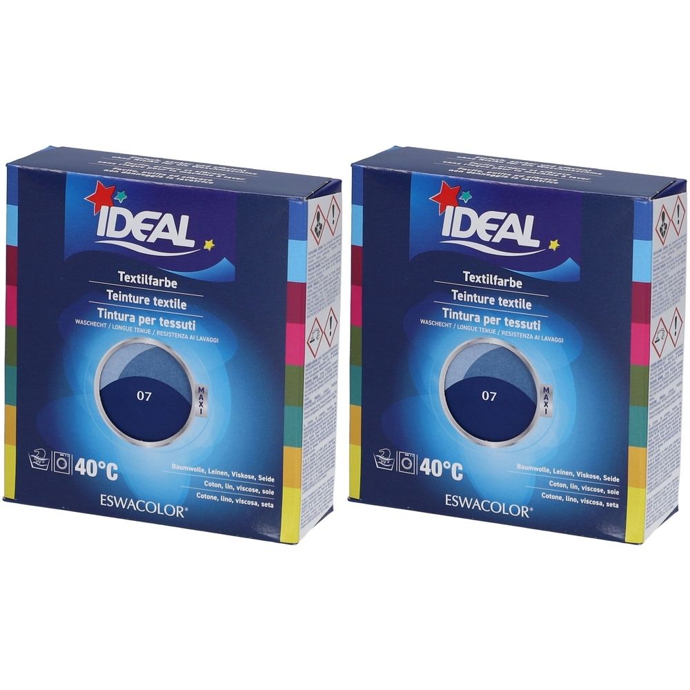 Zwei Kartons Textilfarbe. Blaue Verpackung mit Produktbezeichnung und Farbnummer 07. Marke IDEAL. Waschsymbol 40°C.
