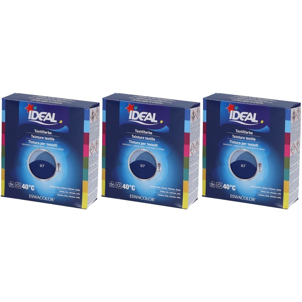 Trois boîtes de teinture textile IDEAL bleu marine. Chaque boîte affiche "07" et "40°C".