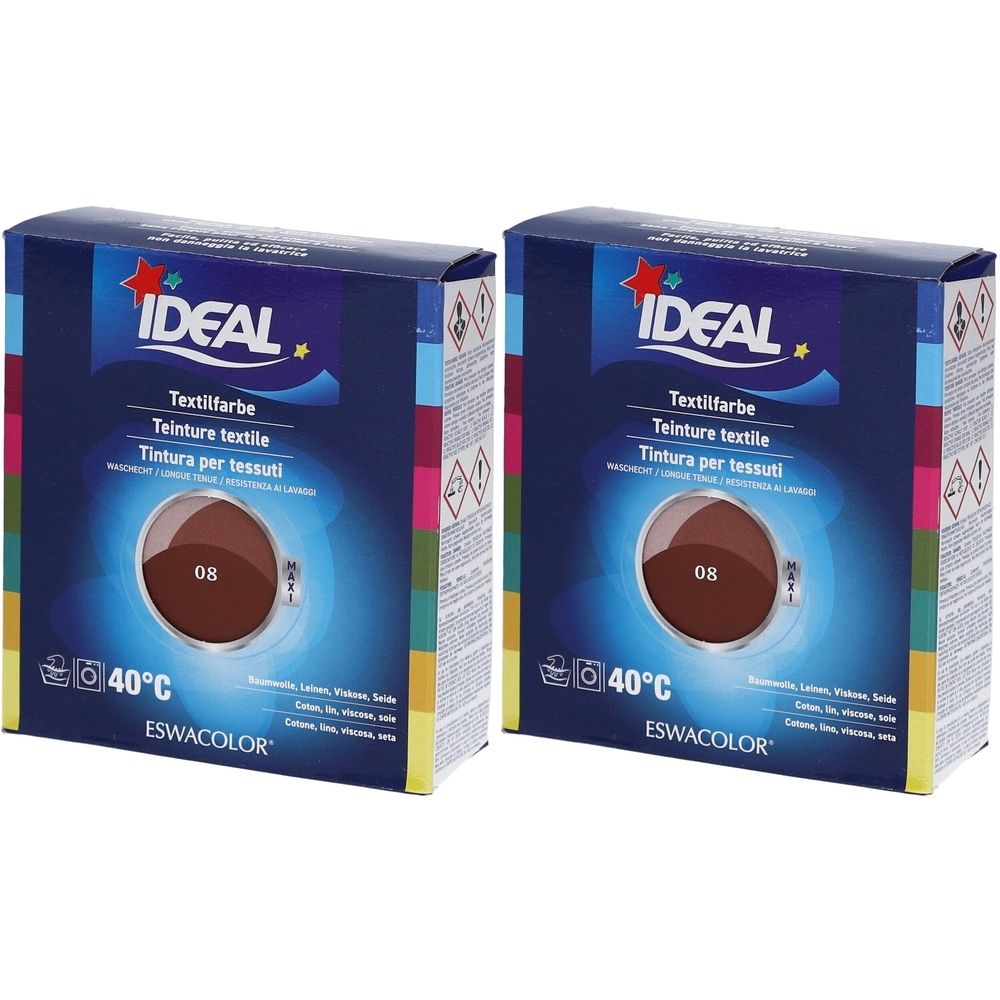 Zwei Kartons Textilfarbe. Aufschrift IDEAL, Textilfarbe, 08 Rotbraun. Mit 40°C-Symbol. ESWACOLOR-Logo.